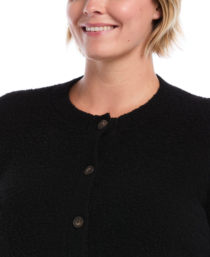 Plus Size Teddy Boucle Patch Pocket Cardigan (Black) 