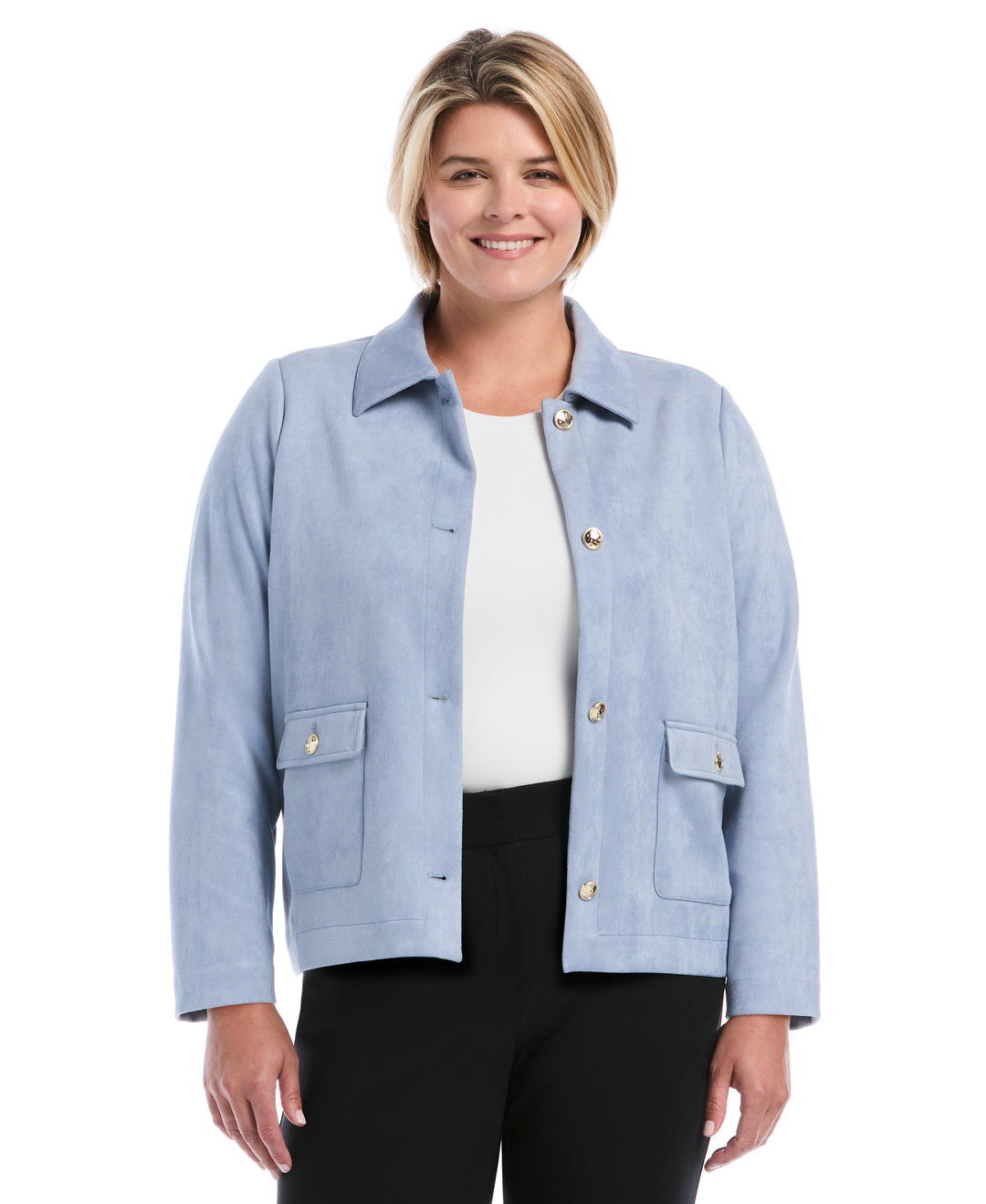 Plus Size Patch Pocket Scuba Suede Jacket (Blue Blizzard) 