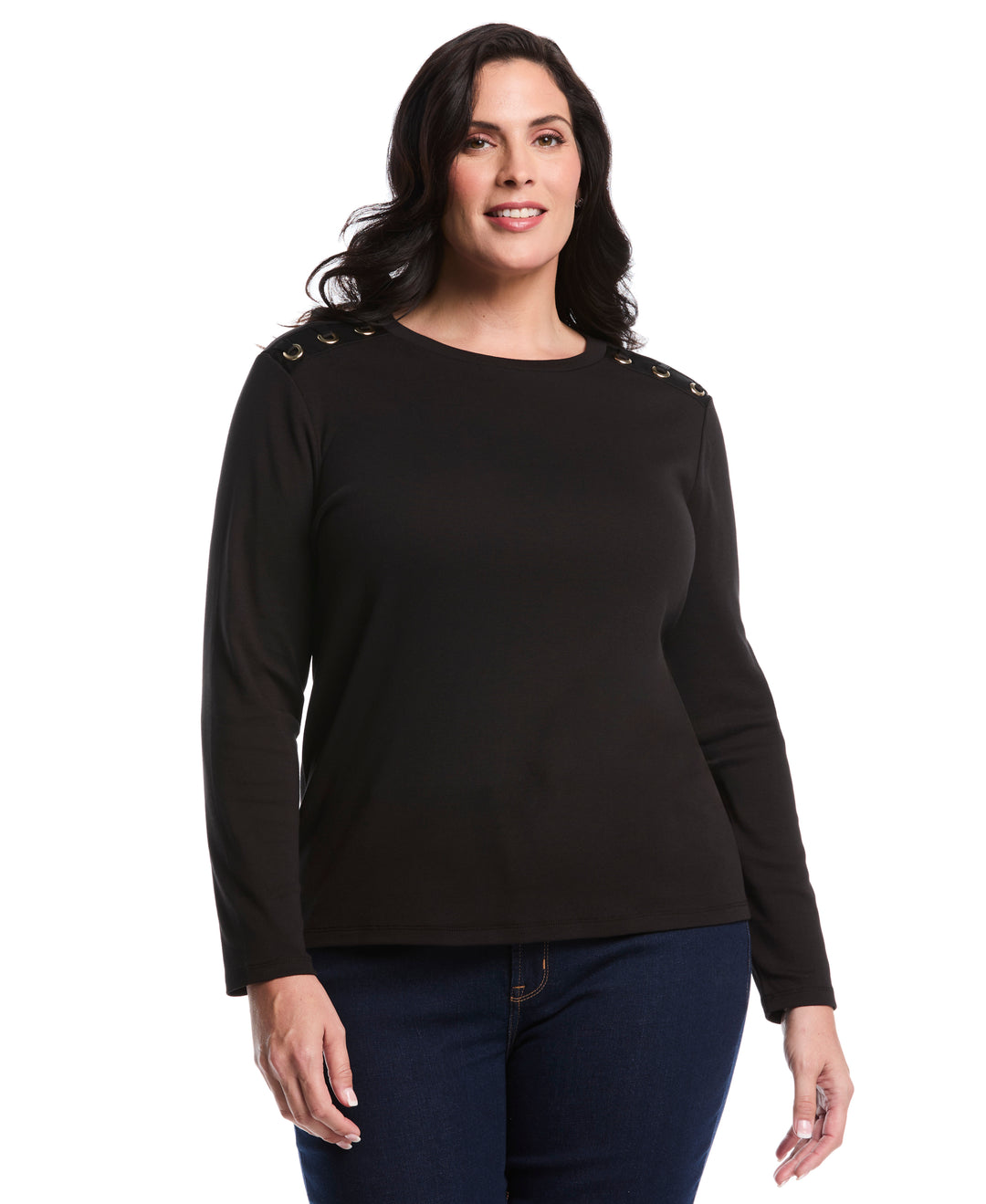 Plus Size Laced Crew Neck Top (Black) 