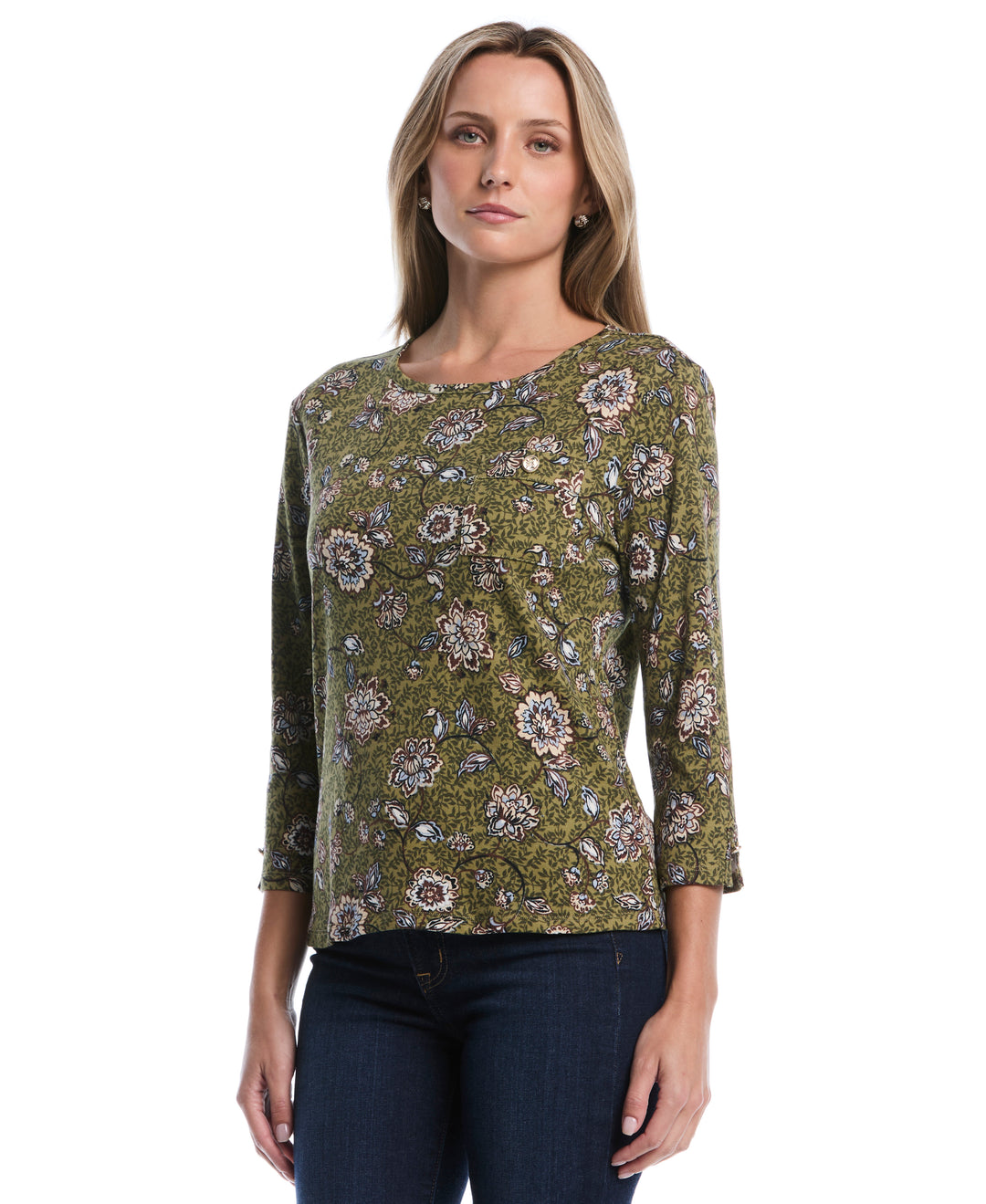 Petite Floral Print Button Trim Top (Dried Herb) 