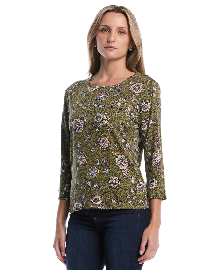 Petite Floral Print Button Trim Top (Dried Herb) 