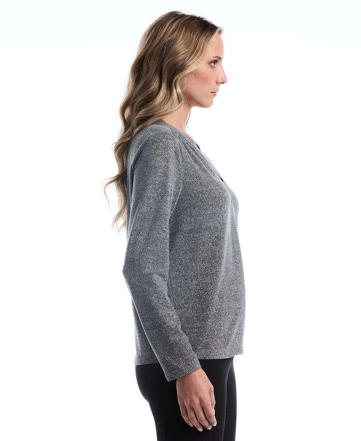 Shirred Split Neck Top (Salt And Pepper Hthr) 