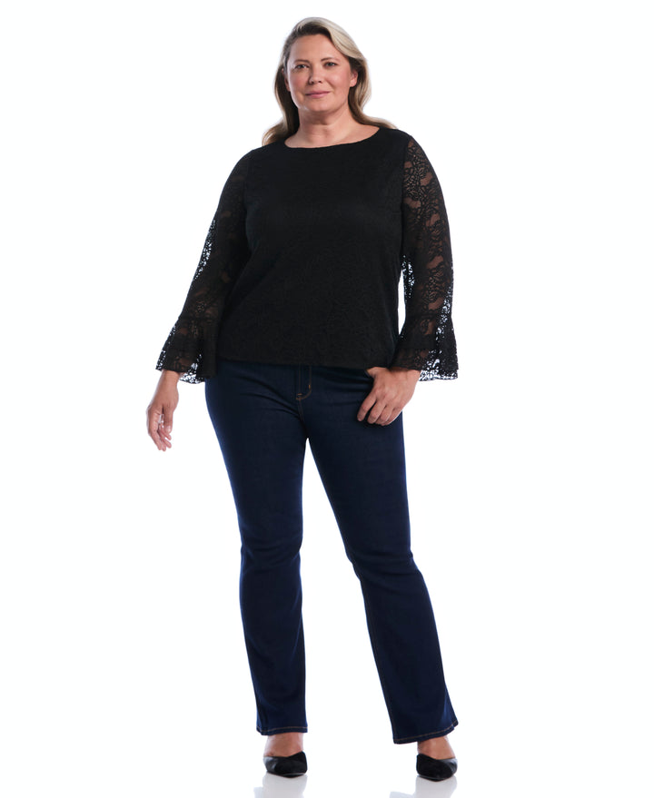 Plus Size Lace Ruffle Sleeve Boatneck Top (Black) 