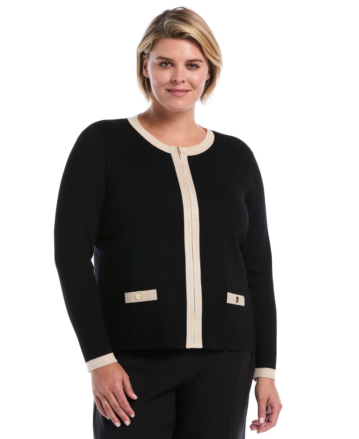 Plus Size Color Block Zip Up Cardigan Sweater (Black) 