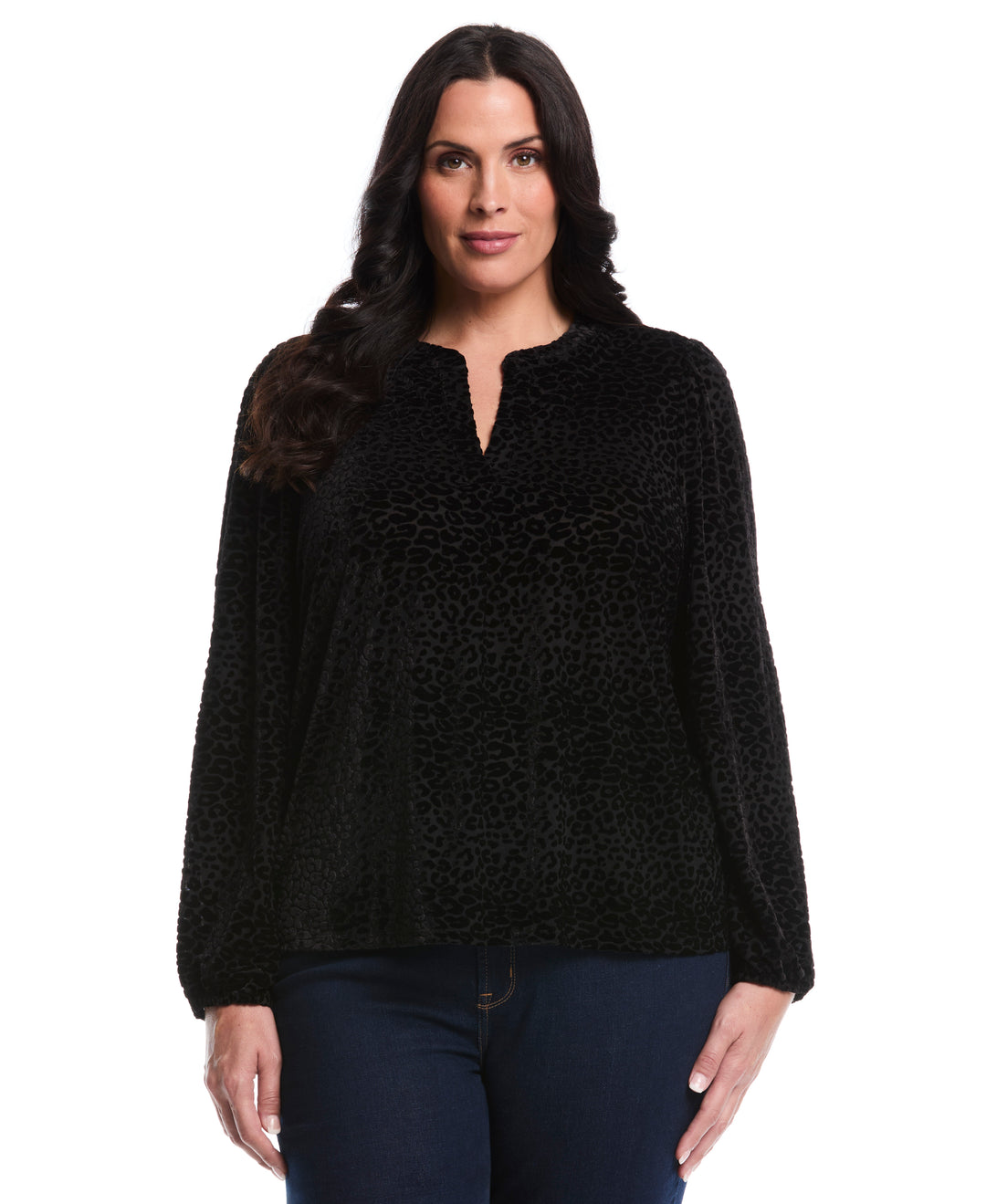 Plus Size Cheetah Print Split Neck Popover Blouse (Black) 