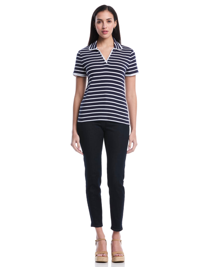 Petite Striped Contrast Trim Johnny Collar Polo (Peacoat) 