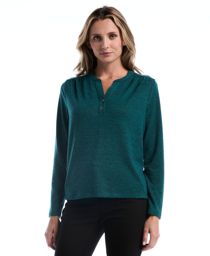 Shirred Split Neck Top (Deep Teal) 