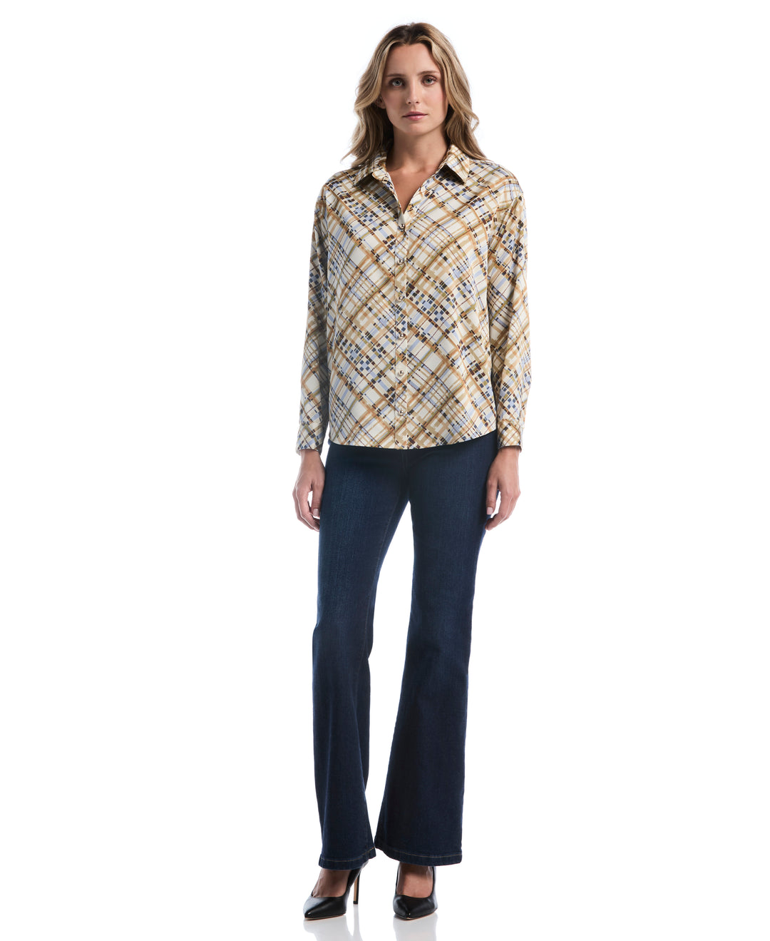 Plaid Print Drop Shoulder Novelty Button Blouse (Oatmeal) 