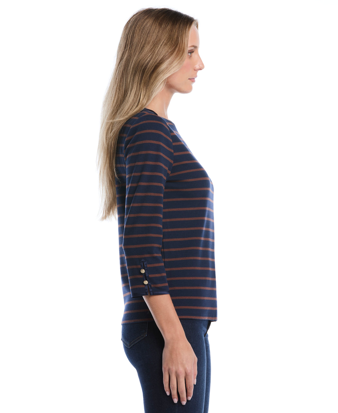 Striped Button Detail Boat Neck Top (Black Iris) 