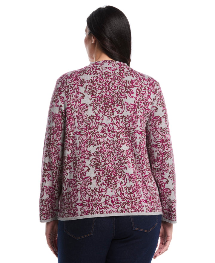 Plus Size Floral Paisley Print Mock Neck Sweater (Magenta Purple) 
