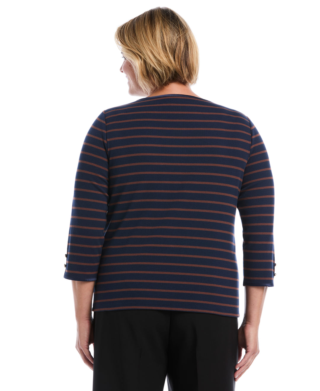 Plus Size Striped Button Detail Boat Neck Top (Black Iris) 