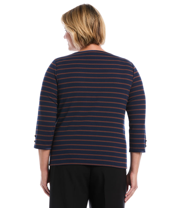 Plus Size Striped Button Detail Boat Neck Top (Black Iris) 