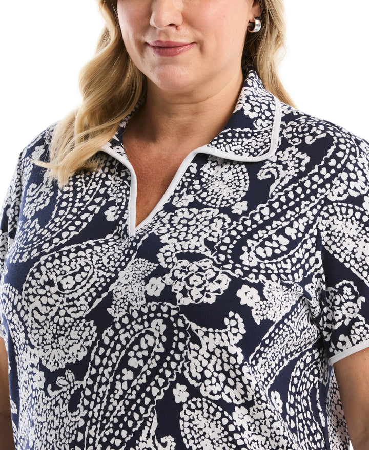 Plus Size Paisley Print Contrast Trim Johnny Collar Polo (Peacoat) 