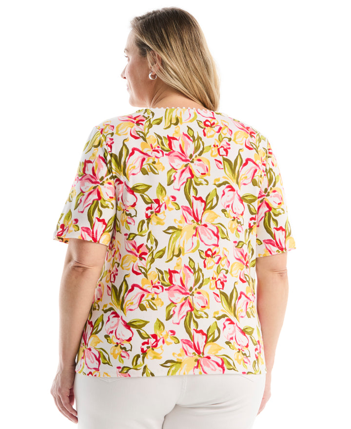 Plus Size Petal Print Pom Trim Detail Top (White) 