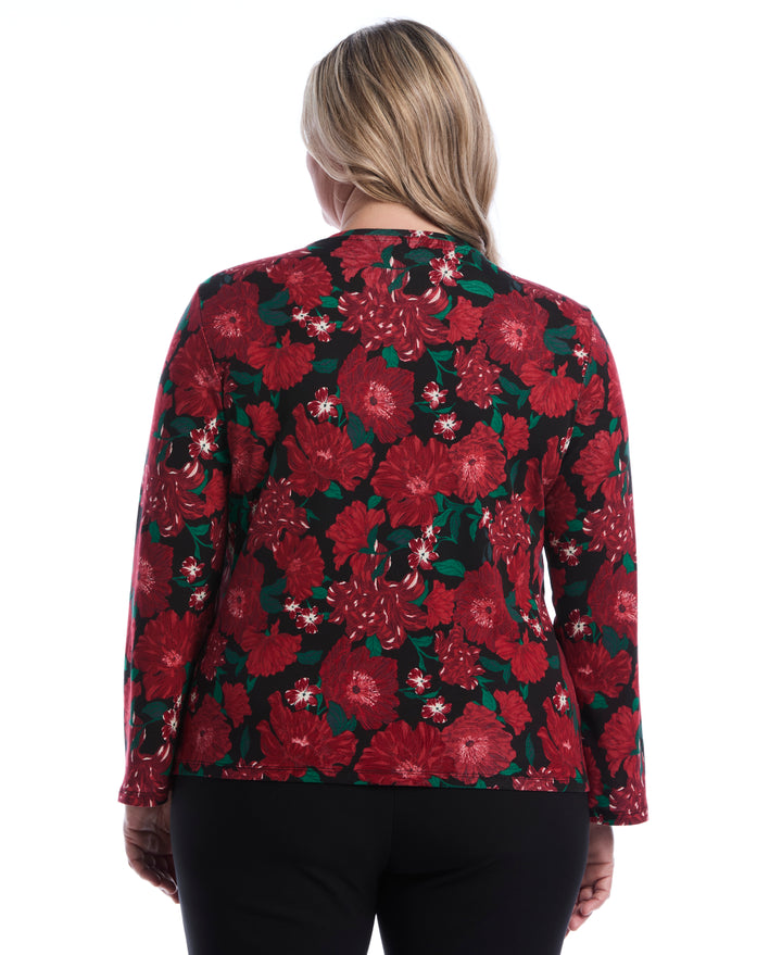Plus Size Floral Print Embellished Neckline Top (Jester Red) 