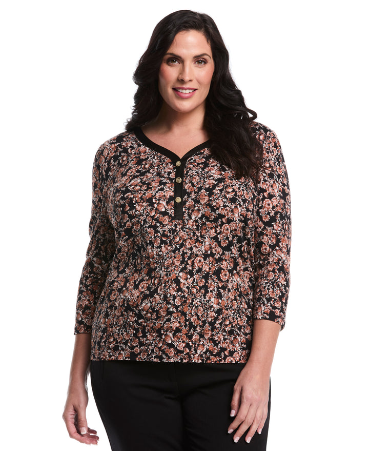 Plus Size Floral Print 3/4 Puff Sleeve V-Neck Top (Black) 