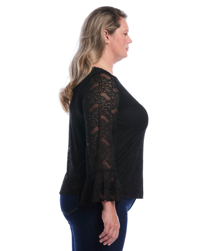 Plus Size Lace Ruffle Sleeve Boatneck Top (Black) 