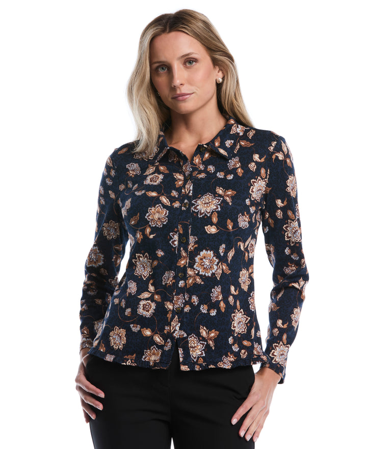 Petite Floral Print Ruffle Trim Button-Up Top (Blue Blizzard) 