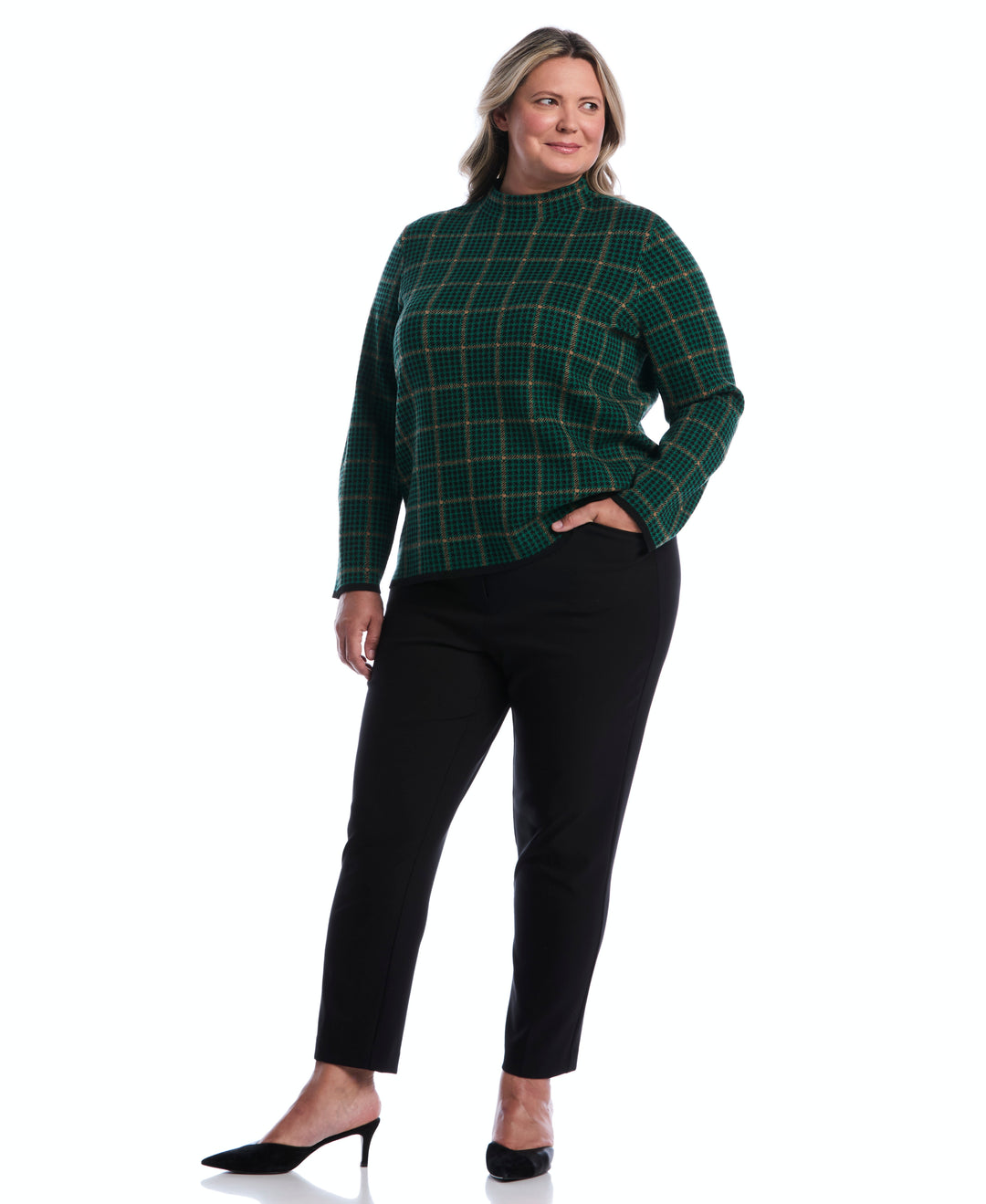 Plus Size Plaid Print Mock Neck Sweater (Ultramarine Green) 