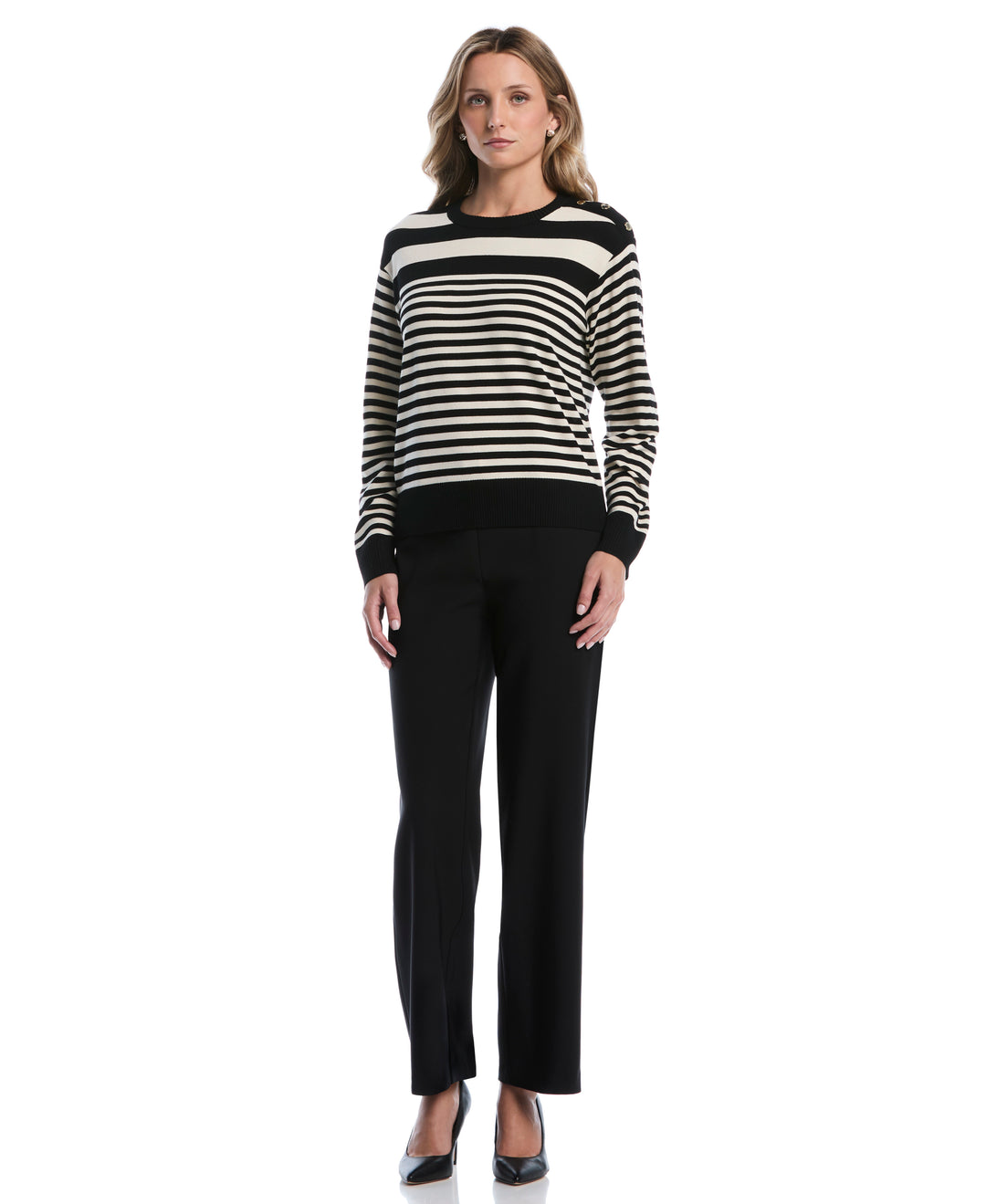 Petite Striped Rib Trim Crewneck Sweater (Black) 