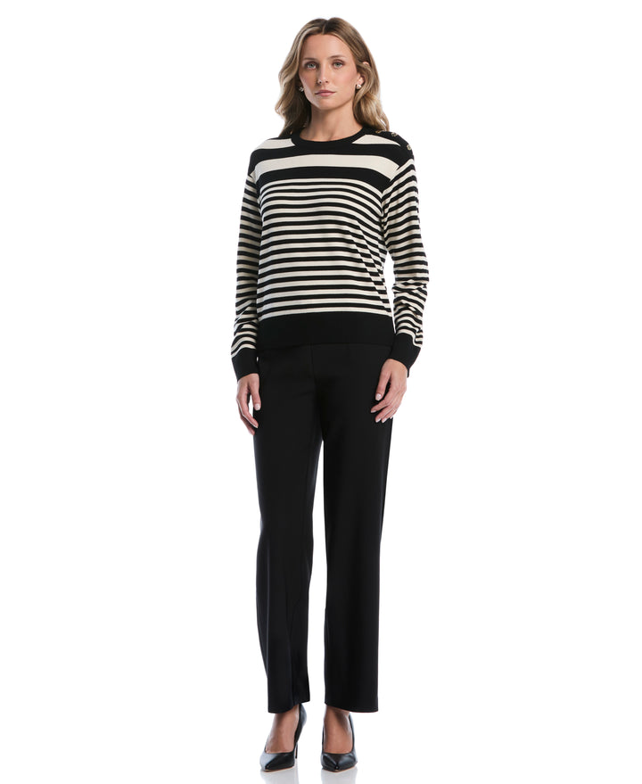 Petite Striped Rib Trim Crewneck Sweater (Black) 
