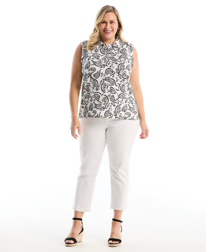 Plus Size Paisley Print Ruffle Trim Polo (White) 