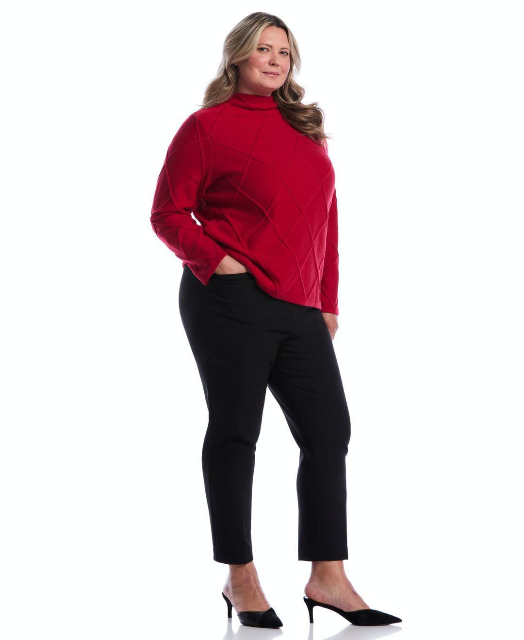 Plus Size Diamond Stitch Mock Neck Sweater (Jester Red) 