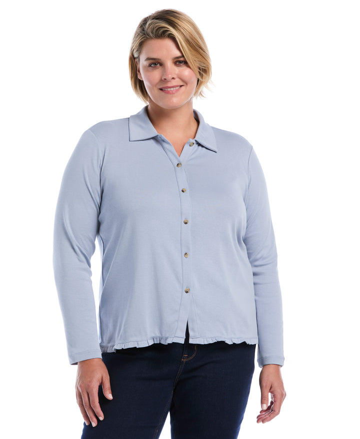 Plus Size Ruffle Trim Button-Up Top (Blue Blizzard) 