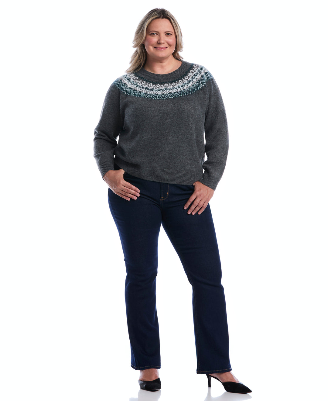 Plus Size Fair Isle Crew Neck Sweater (Charcoal) 