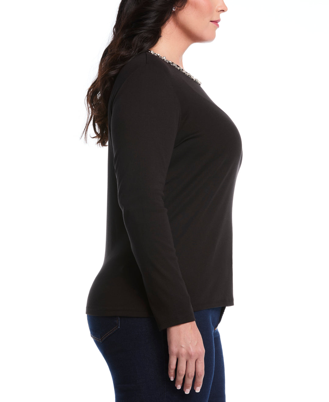 Plus Size Embellished Neck Top (Black) 