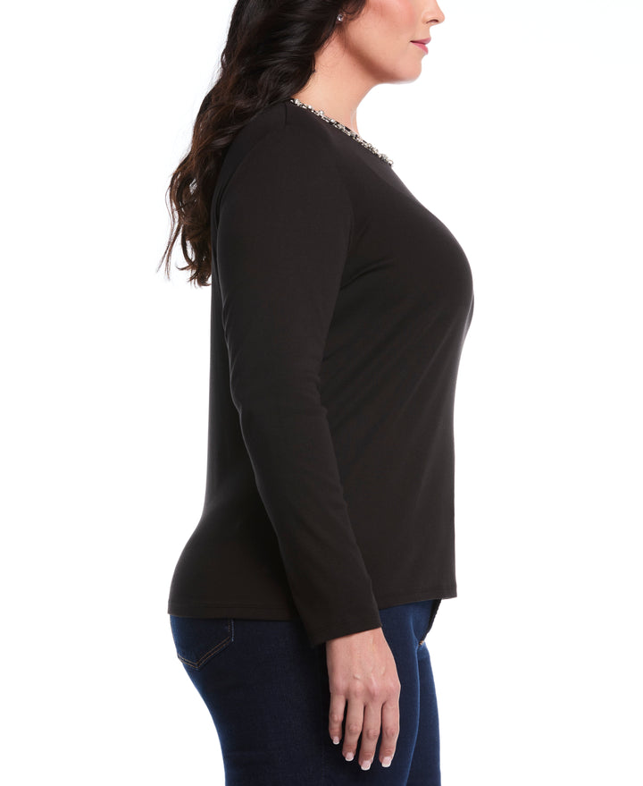 Plus Size Embellished Neck Top (Black) 