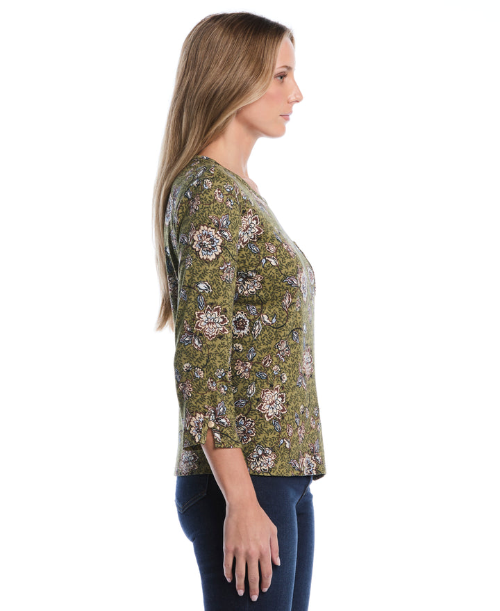 Petite Floral Print Button Trim Top (Dried Herb) 