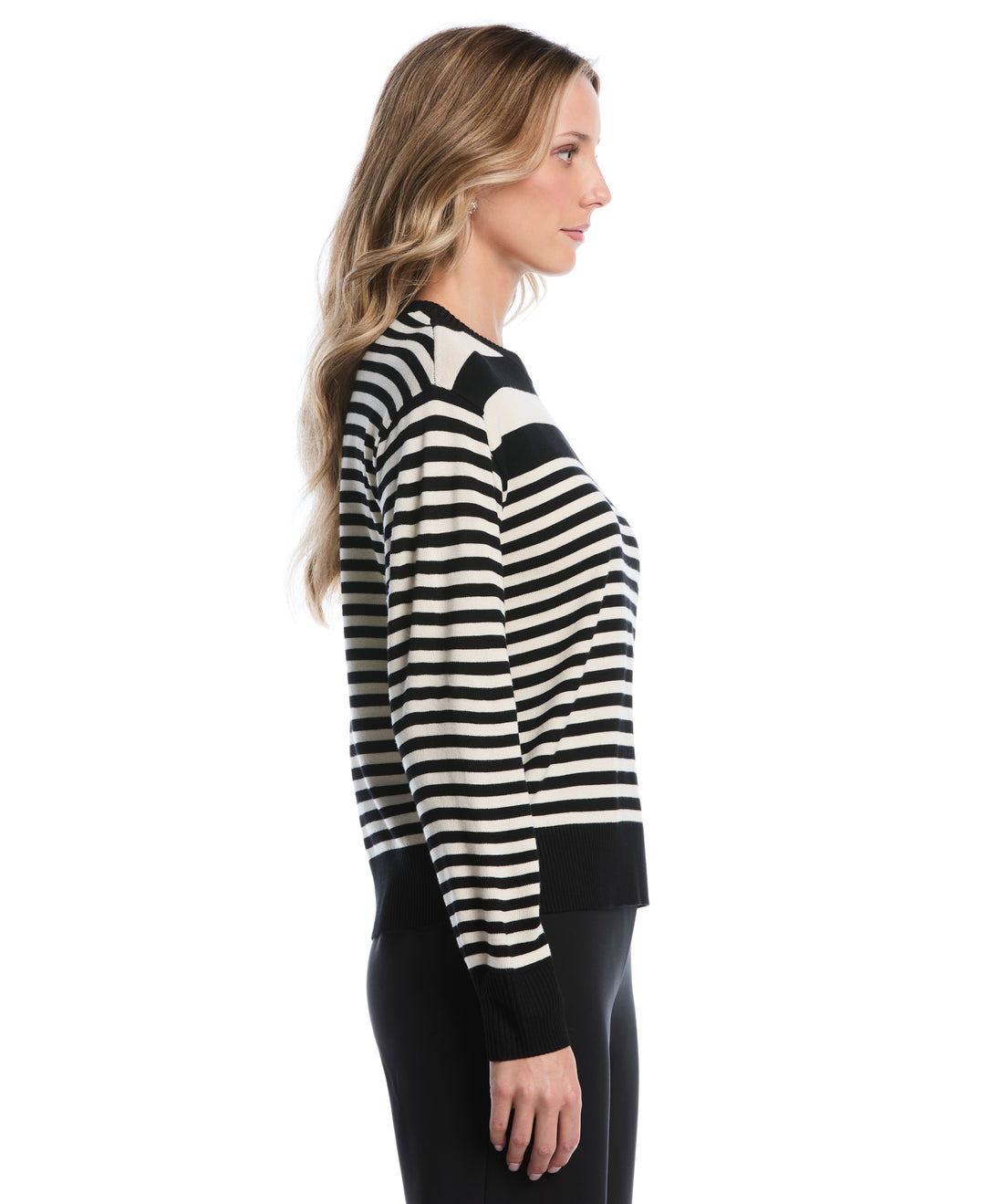 Petite Striped Rib Trim Crewneck Sweater (Black) 