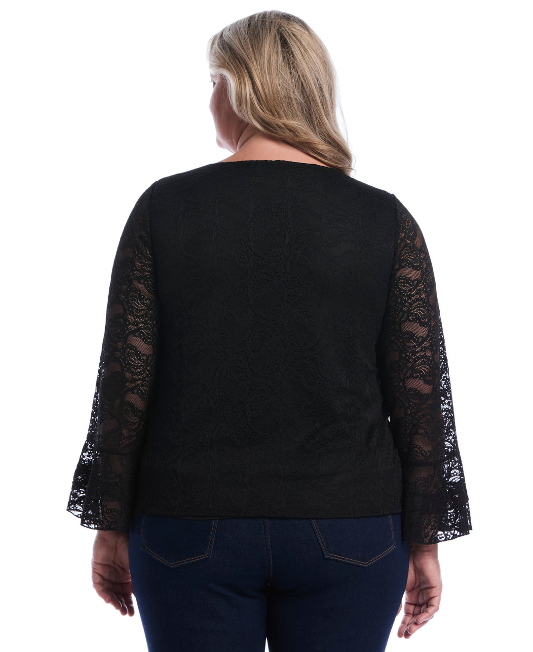 Plus Size Lace Ruffle Sleeve Boatneck Top (Black) 