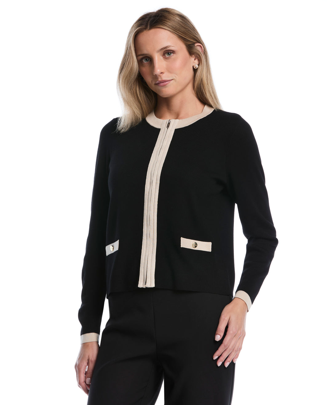 Petite Color Block Zip Up Cardigan Sweater (Black) 