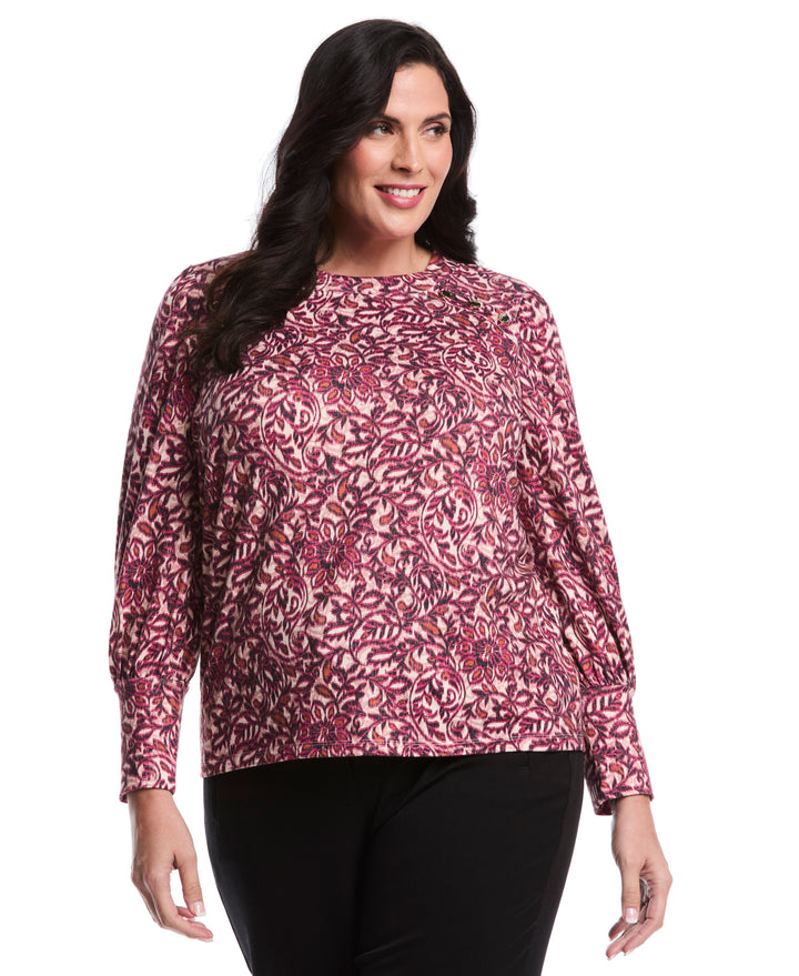 Plus Size Paisley Print Puff Sleeve Crew Neck Top (Beetroot Purple) 
