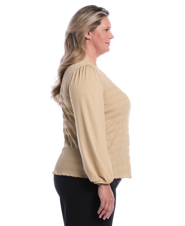 Plus Size Puff Sleeve Crew Neck Top (Oatmeal) 