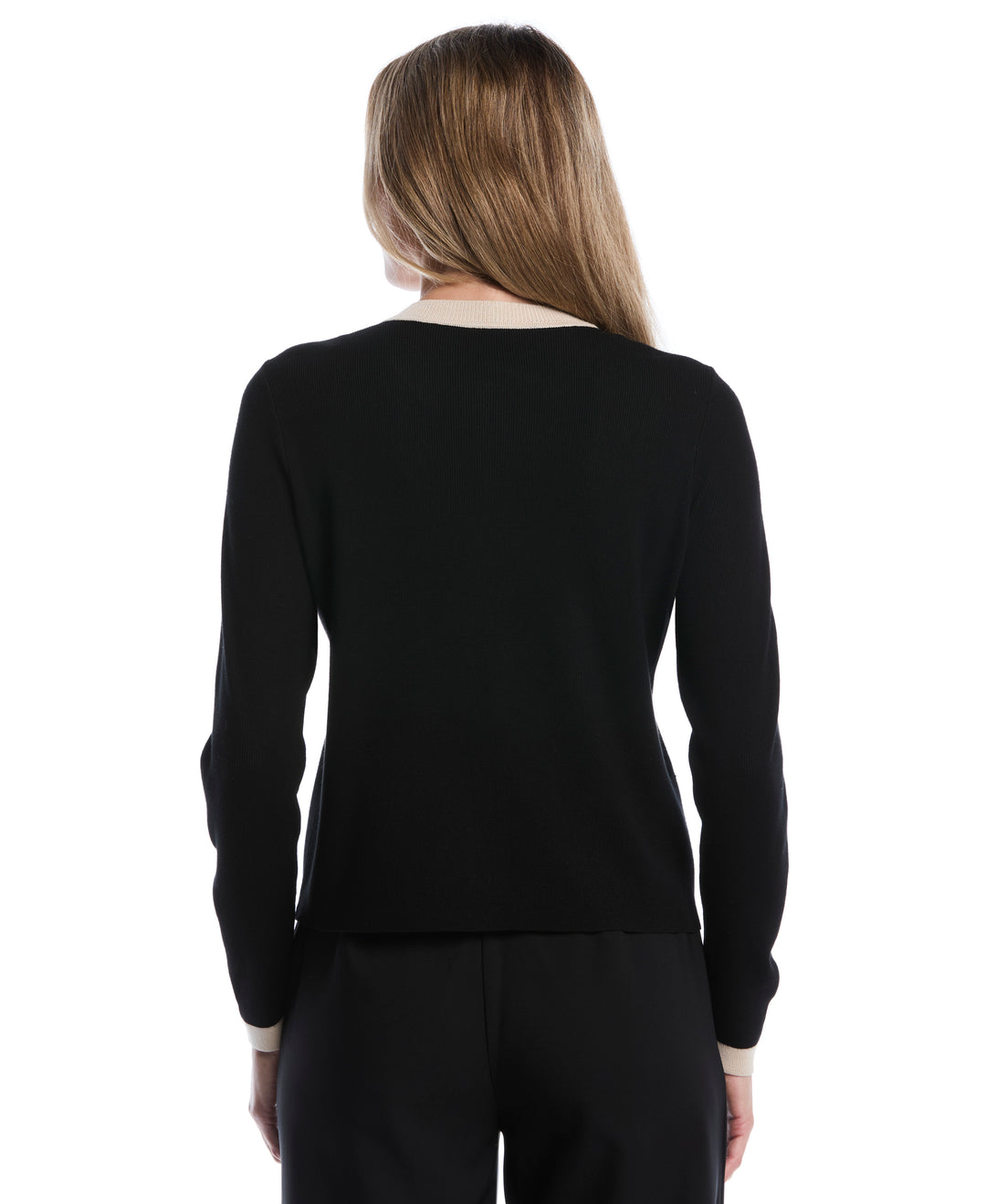 Petite Color Block Zip Up Cardigan Sweater (Black) 