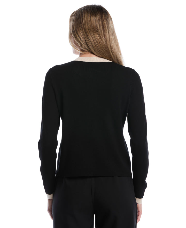 Petite Color Block Zip Up Cardigan Sweater (Black) 