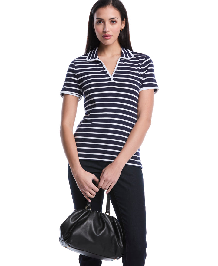Petite Striped Contrast Trim Johnny Collar Polo (Peacoat) 