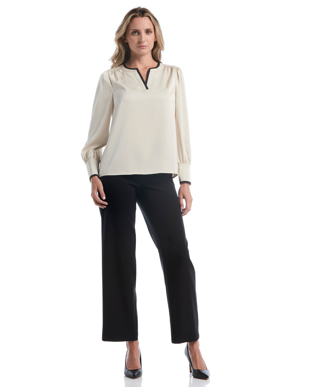 Petite Split Neck Contrast Trim Blouse (Oatmeal) 