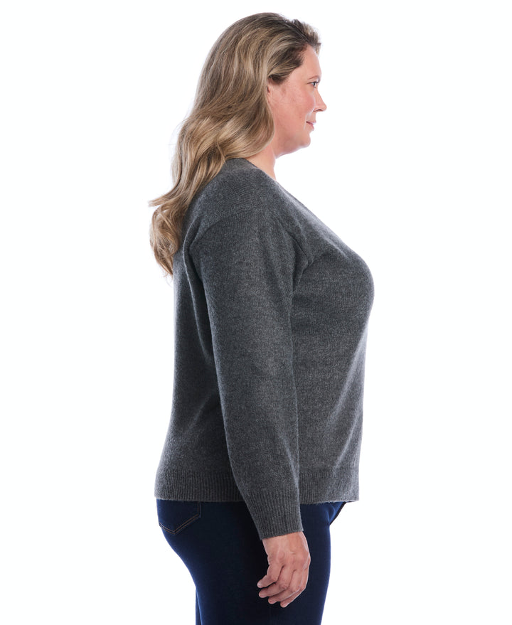 Plus Size Lace Trim V-Neck Sweater (Charcoal) 