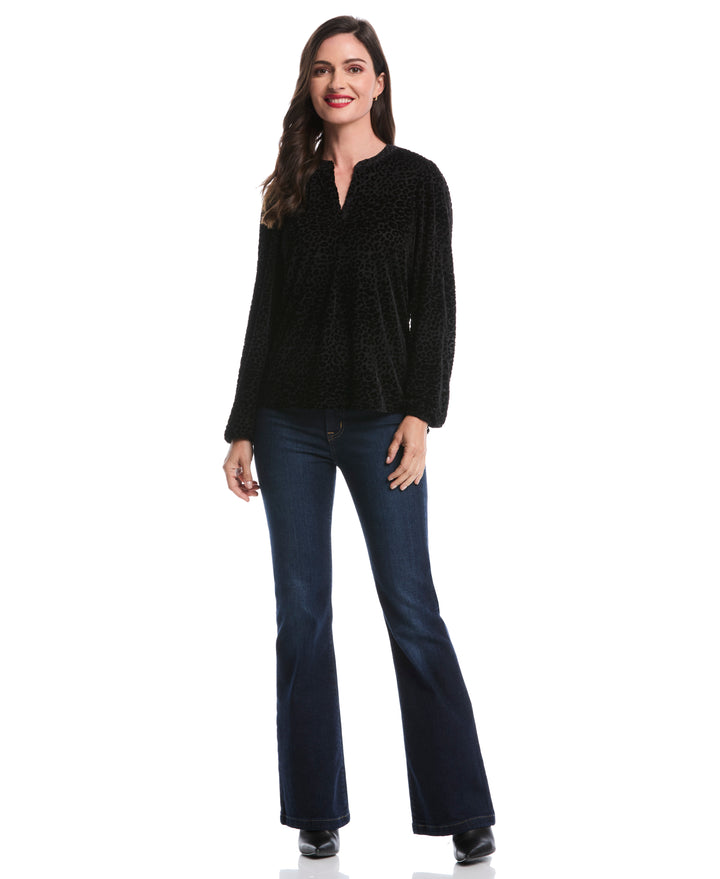 Cheetah Print Split Neck Popover Blouse (Black) 
