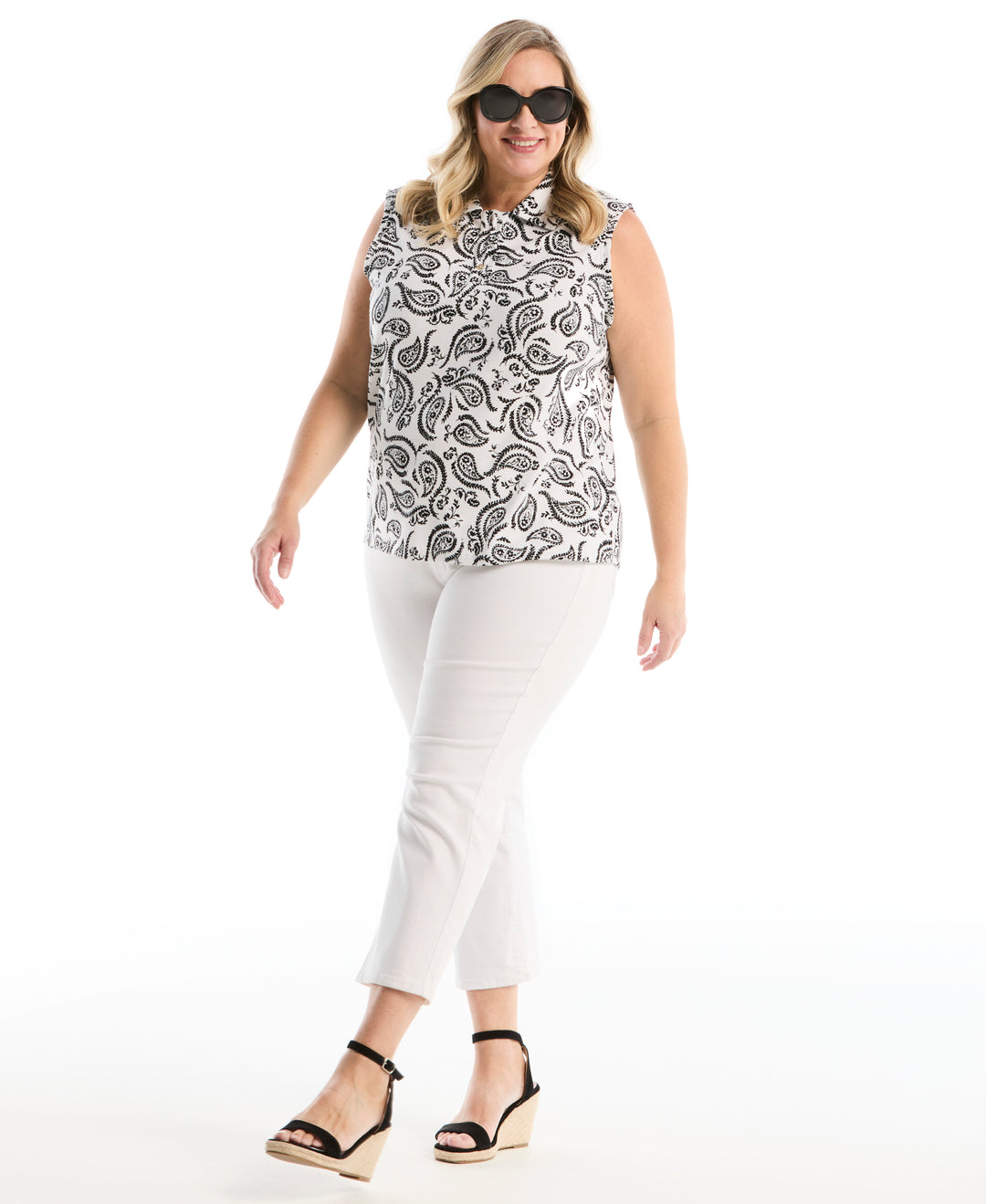 Plus Size Paisley Print Ruffle Trim Polo (White) 