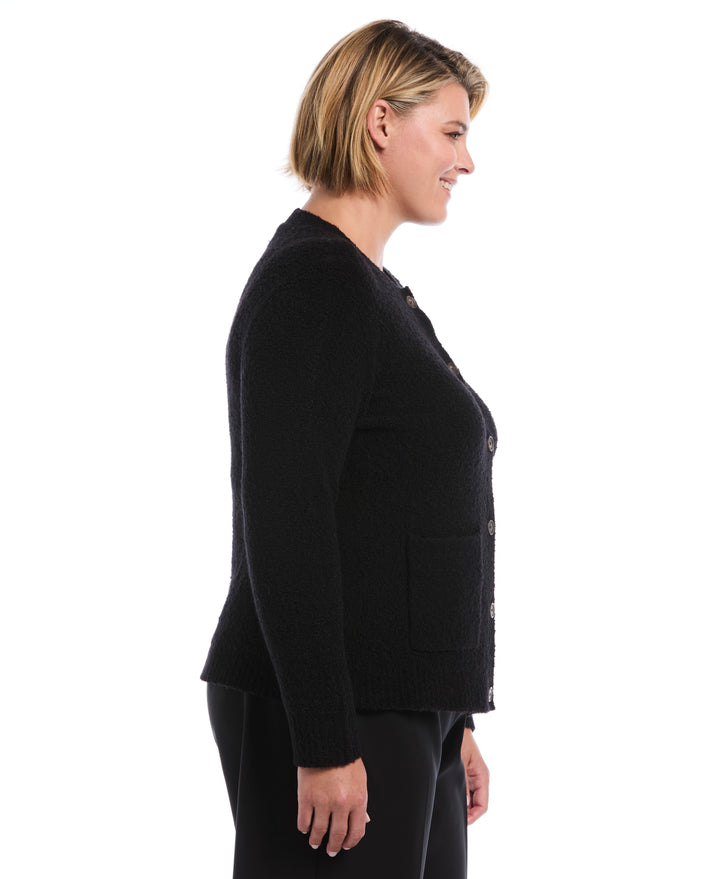 Plus Size Teddy Boucle Patch Pocket Cardigan (Black) 