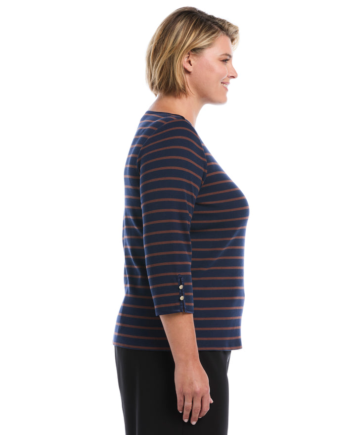 Plus Size Striped Button Detail Boat Neck Top (Black Iris) 