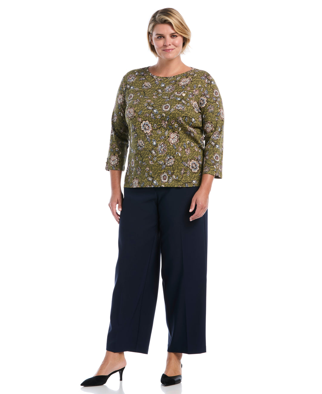 Plus Size Floral Print Button Trim Top (Dried Herb) 