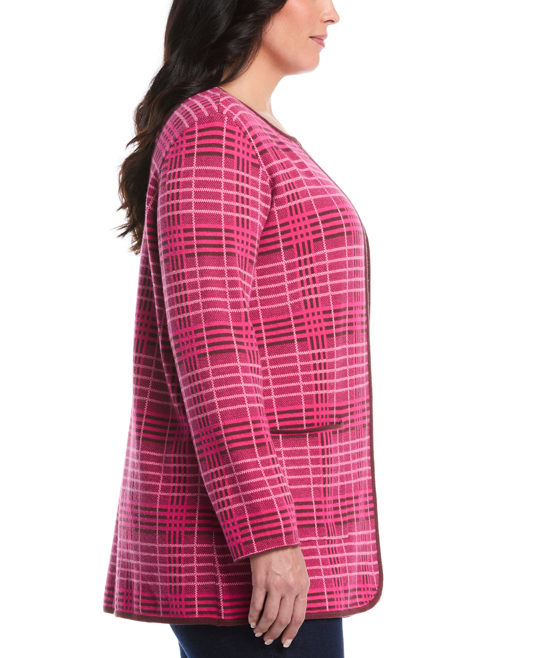 Plus Size Crosshatch Patch Pocket Open Cardigan (Beetroot Purple) 