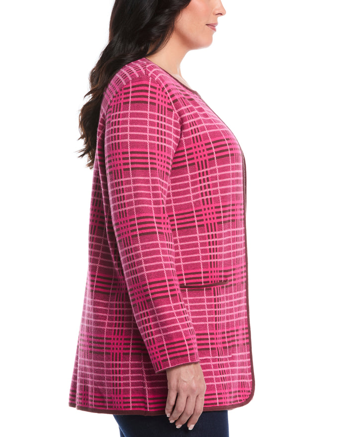 Plus Size Crosshatch Patch Pocket Open Cardigan (Beetroot Purple) 