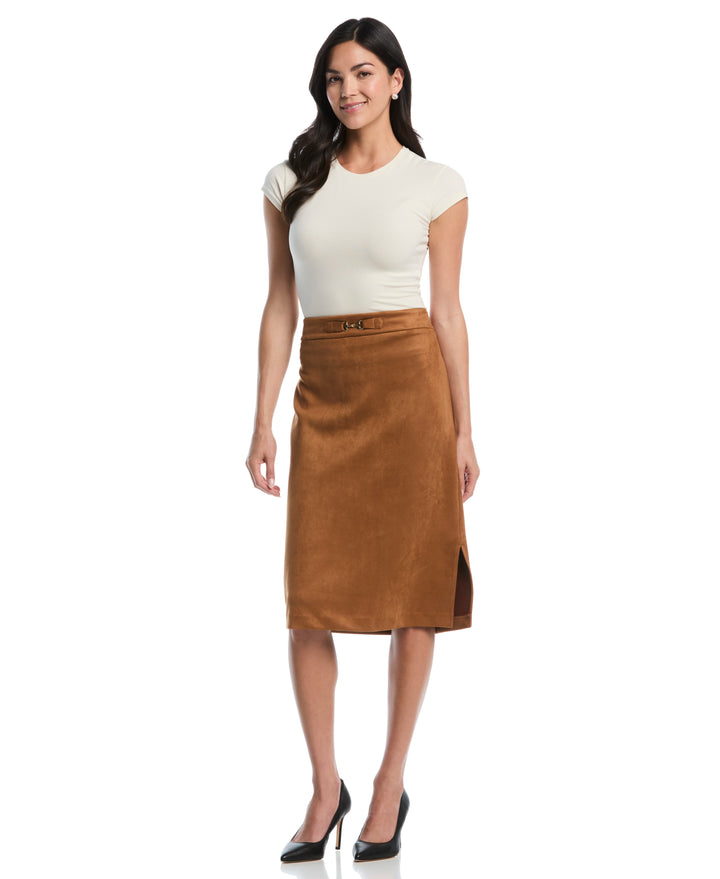 Novelty Belt Suede Midi Skirt (Tobacco Brown) 